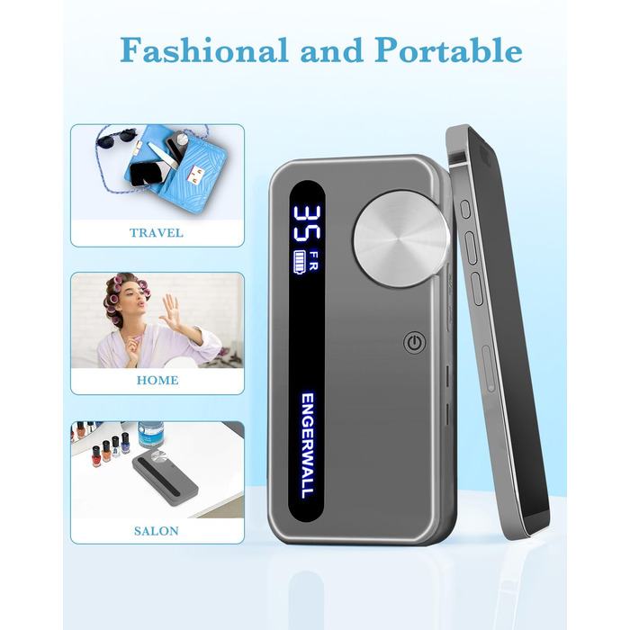 Професійний фрезер для нігтів ENGERWALL 35000 об/хв, акумуляторний, для гелю та акрилу, електричний, манікюрний набір з 7 насадок та 56 шліфувальних стрічок, темно-срібний, портативний