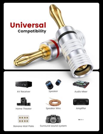 MOSWAG Бананові конектори для акустичних кабелів 4 шт. (2 пари), 24K позолота, для акустичних систем, AV-ресиверів, домашнього кінотеатру (підходить для кабелів діаметром до 4.5 мм)