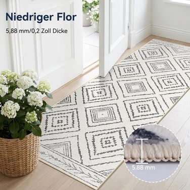 Килимок-довгий килим для коридору 60 x 180 см, неслизький для кухні, з коротким ворсом, пральний, складаний, у стилі бохо – для коридору, кухні, вітальні та офісу, чорно-білий 60 x 180 см