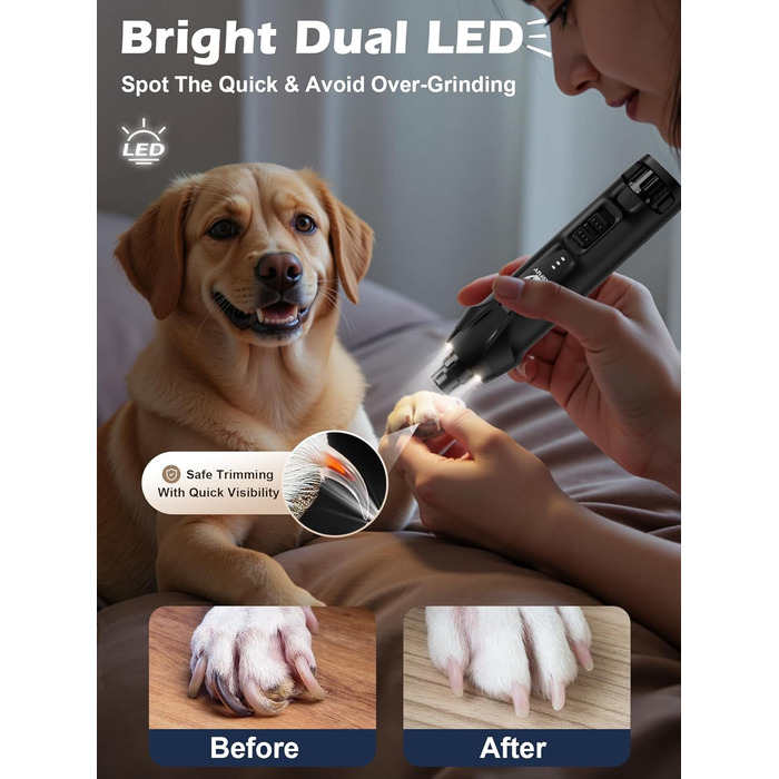 Електричний точило для собачих кігтів Casfuy - 6 ступенів, тихе, з LED-підсвіткою та збирачем пилу, 4.8V, для великих собак (чорний)