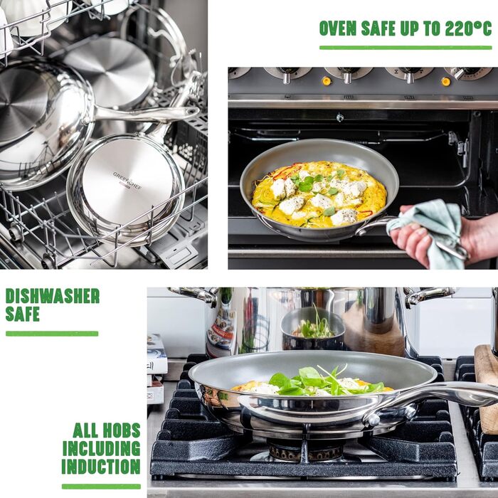 Каструля GreenChef Profile Plus 18 см, 2,1 л, антипригарна кераміка, нержавіюча сталь, з кришкою із загартованого скла, PFAS-free, для індукції, жароміцна до 200°C, срібляста, сіра всередині