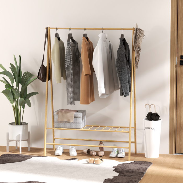 HOMCOM Bamboo Wardrobe Rack, Clothes Rack with Shelves and Hooks, Clothes Rail, for Entrance Hall, Living Room, Bedroom, 116 x 43.5 x 160 cm, Natural Wood | Aosom