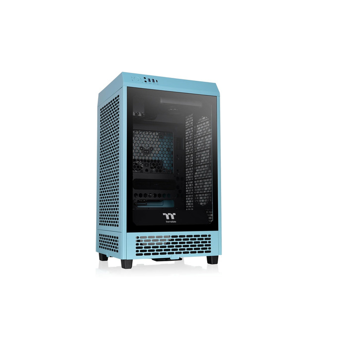 Корпус Thermaltake The Tower 200 Turquoise Mini-ITX з вертикальним розташуванням, загартоване скло, 2x CT140 вентилятори, підтримка AIO 280мм, GPU до 380мм