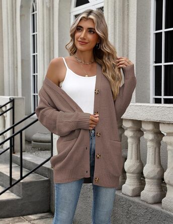 Жіночий в'язаний кардиган Zeagoo з довгим рукавом, вільний крій, V-подібний виріз, грубий в'язання, на кнопках, кавовий колір, розмір XL
