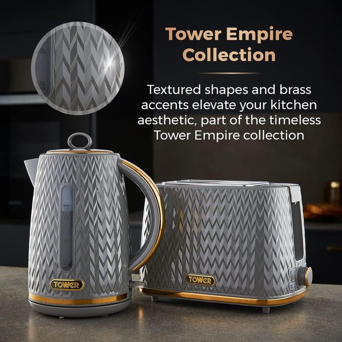 Електричний чайник Tower T10052GRY Empire, 1.7 л, 3 кВт, сірий з мідними акцентами, сталь