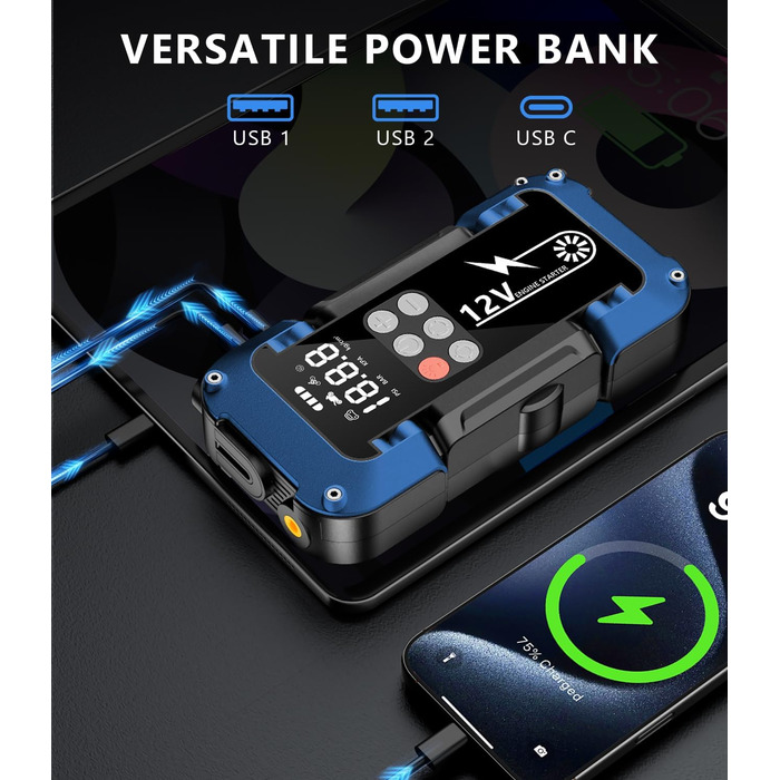 Powerbank Starthilfe 150PSI: портативний стартер для авто з компресором, 26800mAh, LED-ліхтар, LCD-дисплей