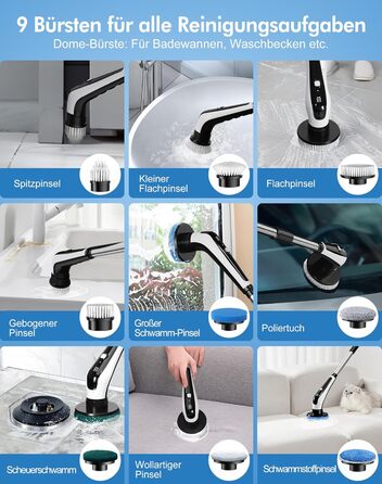 Електрична щітка для чищення з 9 насадок, щітка для швів, водонепроникна IPX8, електричний спін-скреббер з регульованою ручкою, 2 швидкості, для ванної кімнати, кухні, авто, біла+чорна