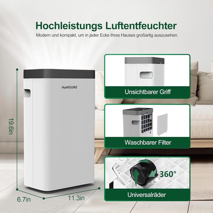 12L/Day Dehumidifier, Electric Dehumidifier with 1.2m Drain Hose, Room Dehumidifier with LED Display, Clothes Drying, Drain Hose, 24H Timer and Defrost, Ideal for Basements, Against Humidity