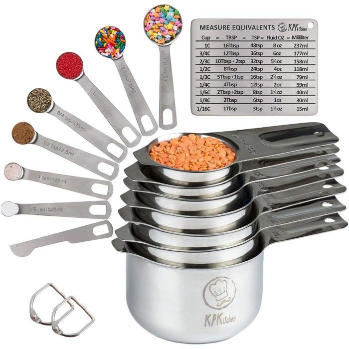 Stainless Steel Measuring Cups and Spoons Set, 16 Pieces, 7 Cups & 7 Spoons + Leveler & Chart - Metal Measuring Spoons and Cups - Stainless Steel Dry Measuring Cups & Liquid Metal
