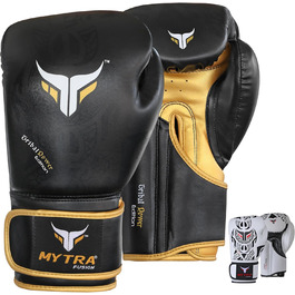 Боксерські рукавички MyTra Fusion 10oz, 12oz, 14oz, 16oz для MMA, боксу, спарингу, муай-тай, кікбоксингу (чорний/золотий)