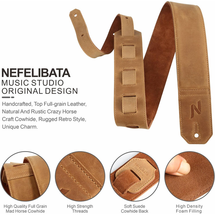 Накладки на гітару Nefelibata: шкіряний ремінь для бас-гітари, електрогітари та акустичної гітари (жовтий, тиснення Сахара)