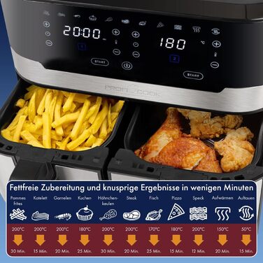 Подвійна аерофритюрниця ProfiCook 9 л XXL, 2400 Вт, 9 програм, сенсорне керування, чорний-нерж, без олії