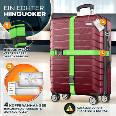 Набір валіз Tillvex® 4 шт. + ваги для багажу, 8 ременів для багажу & 4 брелоки | Валізи на 4 колесах | Роликовий багаж з замком TSA | Валізи з твердим корпусом S-M-L-XL Червоний | Набір валіз 4 шт.