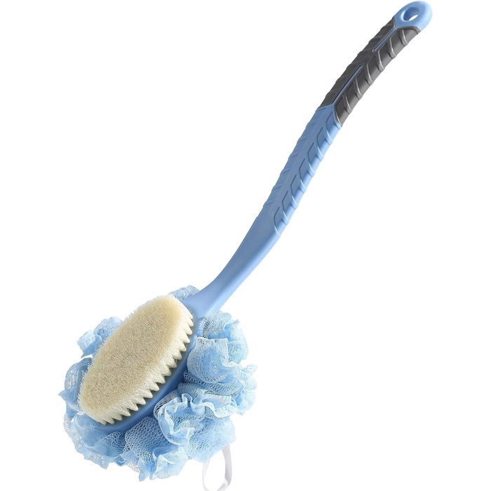 Щітка для душу з щетиною та люфою, сітчатий губка з вигнутим ергономічним руків'ям 40,6 см, для пілінгу та масажу шкіри, підходить для чоловіків та жінок (блакитна)