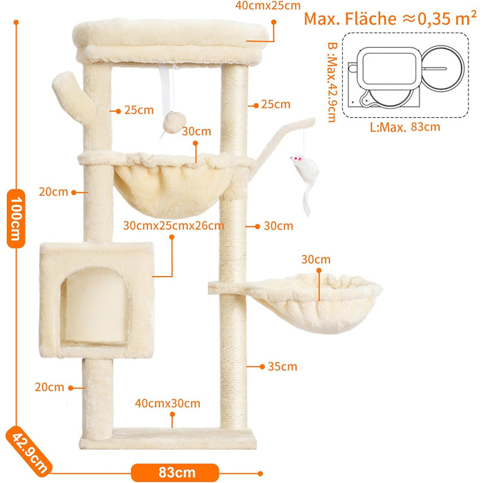 Котячий будиночок Heybly Kratzbaum: 100 см, з платформою, печерею, 2 гамаками та іграшками. Активний котячий будиночок, HCT006SG (Бежевий)