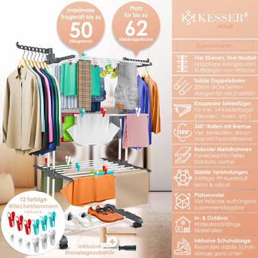 Кюссер® Сушилка для білизни з колесами - Турбо-модель, 4 яруси, 2 обертові крила, 6 склавних секцій, білий/антрацитовий