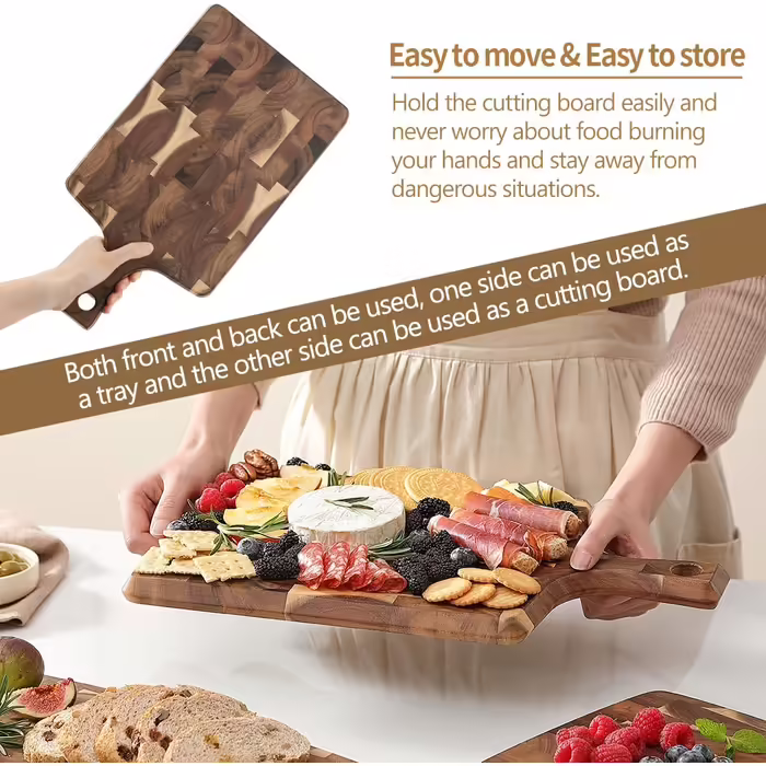 XINZUO Cutting Board made of Acacia Wood 41 * 22 * 1.9cm Rectangular Serving Board with Handle, Chopping Board Cheese Grill Board Reversible Wooden Board for Kitchen, Snack Board, Breakfast Board