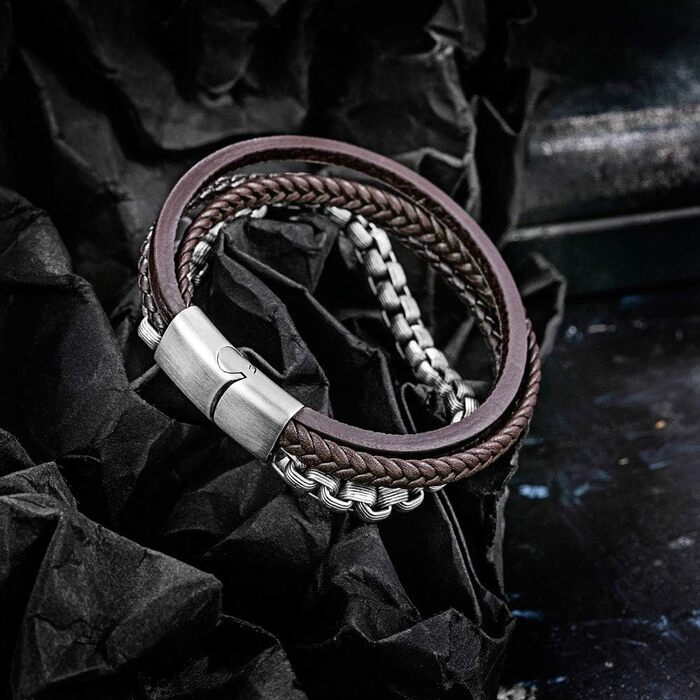 Чоловічий шкіряний браслет Murtoo з нержавіючої сталі з магнітним застібком (20 см, коричневий, срібний)