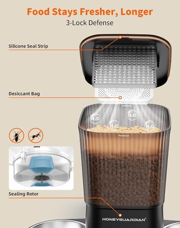 Автоматичний годівник для котів та собак HoneyGuardian з 2 мисками, таймером та великим об'ємом 3.5L, чорний