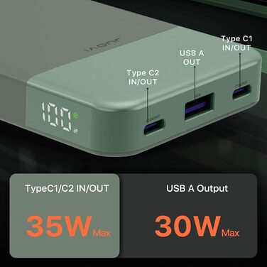Портативний павербанк JUOVI 10000mAh, 35W з 2 USB-C та 1 USB-A, PD 3.0 QC 4.0, для iPhone, MacBook, iPad (Зелений)
