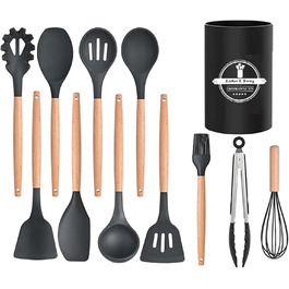 Набір кухонних аксесуарів, 12 шт. - кухонне приладдя з силікону з дерев'яною ручкою, BPA Free, з отвором для підвішування (чорний)