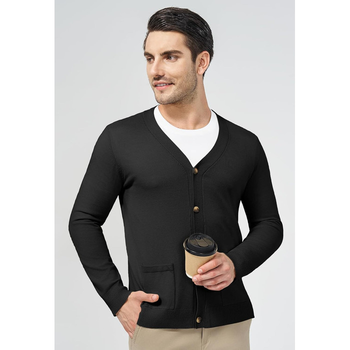 Чоловічий светр з V-подібним вирізом KUYIGO, чорний, з довгими рукавами та кишенями, розмір M-3XL