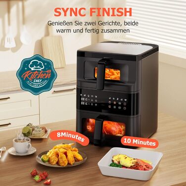 Електрична фритюрниця без олії (10л) з подвійним набором камер, подвійний набір, сенсорний екран, 10 програм, таймер, чорна