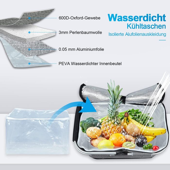 Термосумка-кошик 35L для покупок, пікніків, кемпінгу та подорожей. Ізольована термосумка-кошик сірого кольору з водонепроникним внутрішнім кишеньком та бічною підтримкою.