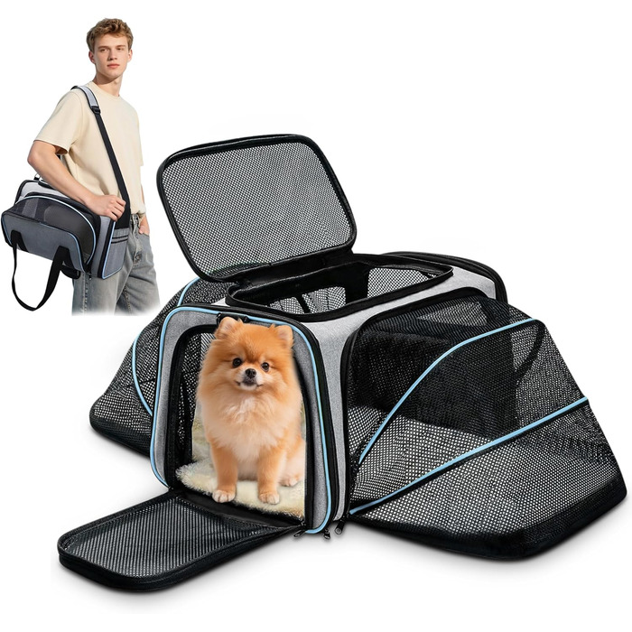 Розширювана переноска для котів та маленьких собак ALLSOPETS, складана м'яка переноска для тварин з 2 бічними розширеннями, знімним килимком з флісу та кишенями (Сірий & Зелений) (Сірий & Синій)