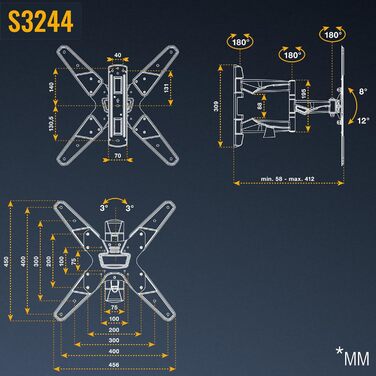 Кріплення для телевізора RICOO S3222: поворотне, нахильне, для телевізорів 30-55 дюймів, VESA 200x200, до 30 кг, сумісне з OLED та Curved екранами