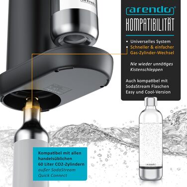 Arendo Soda Maker: Газова вода вдома - содовий напій, пляшка 1000 мл, BPA free, сумісний з CO2 балонами 60 л, чорний