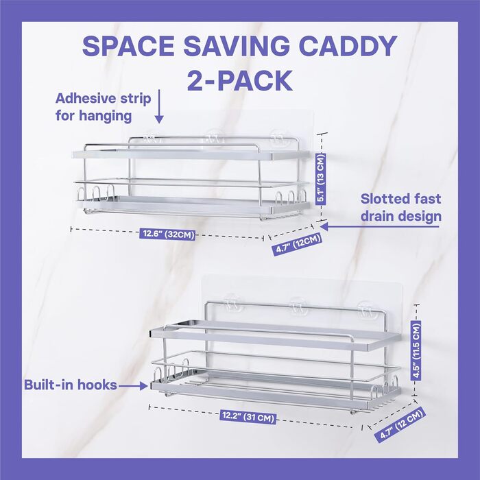 Поличка для душу KINCMAX без свердління з нержавіючої сталі, самоклеюча, з гачками (срібна). Комплект з 2 поличок (прямі, срібні)