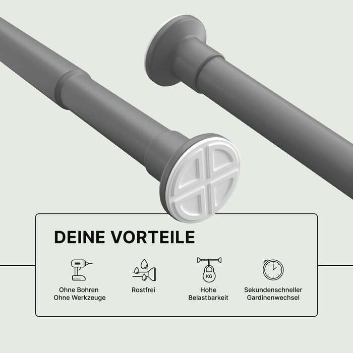 Штанга для карнизів без свердління, Ø 25 мм - телескопічна штанга для штори, душова штанга, кріпиться без свердління, для вікон, перегородок, кухні (70-120 см, 90-160 см, сіра)