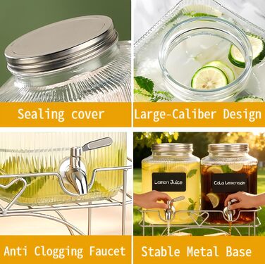 2 шт. диспенсер для напоїв на 4.5 л зі скляним краном, широка горловина, диспенсер для напоїв, підставка та нержавіюча сталь - для вечірок, коктейлів, соку, води та напоїв 4.5 л, 2 шт.