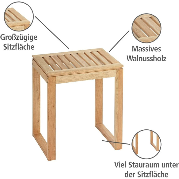 WENKO Stool Norway, warm accented square bathroom stool, high-quality living room stool with clear lacquer seal, natural, solid walnut wood, Scandinavian design, 40 x 46 x 30 cm, Natural
