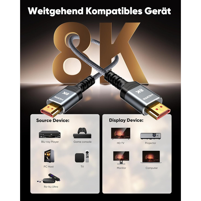 HDMI 2.1 кабель SNOWKIDS 2 метри: 8K@60Hz, 4K@120Hz, 48Gbps, HDR, eARC, HDCP 2.3, сумісний з PS5/PS4/PS3, HDTV, монітор