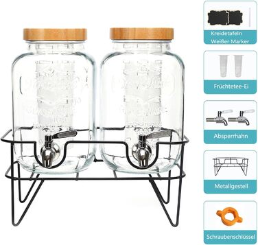 Скляний диспенсер для напоїв на 4 літри з краном, 2 шт. з підставкою, для лимонадів, холодного чаю, комбучі. Підходить для вечірок, свят, бамбукова кришка