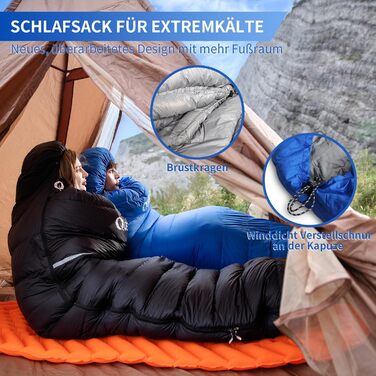 Сплячий мішок пуховий, 4-сезонний, зимовий -3°C до -20°C. Підходить для кемпінгу, походів та відпочинку на природі для дорослих та дітей. Колір: блакитний. Температурний режим: -3°C до -12°C