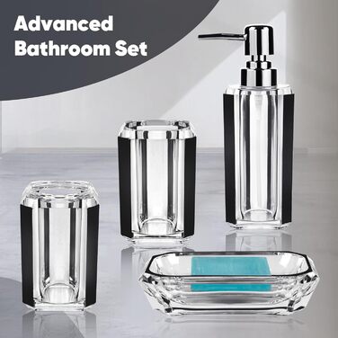 Набір аксесуарів для ванної кімнати з акрилу преміум-класу (4 шт.): диспенсер для миючого засобу, дозатор для лосьйону, мильниця, стакан для ополіскувача, стакан для зубної пасти (чорний, матовий)
