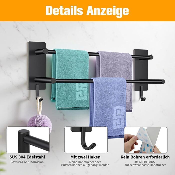 Тримач для рушників без свердління, 60 см, самоклеючий, з гачками, нержавіюча сталь, вологостійкий, для ванної кімнати та кухні (Чорний, 40 см)