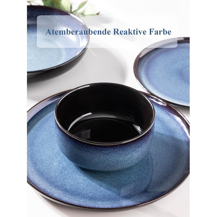 Набір посуду LeRatio на 6 осіб, 18 предметів, керамічний, реактивна глазур, блакитний, для сервірування столу, стійкий до подряпин, придатний для миття в посудомийній машині та використання в мікрохвильовій печі