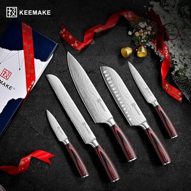 Професійний набір кухонних ножів KEEMAKE (5 предметів) з гострої нержавіючої сталі та ручкою з паккавуда, включаючи ніж сантоку та ніж для хліба, у подарунковій коробці