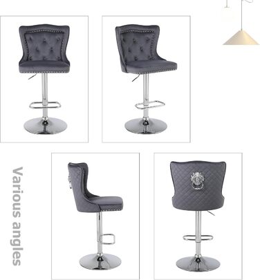 KHISCHMO Set of 4 Velvet Bar Stools - Modern Kitchen Counter Stools with Lion Paw Pulls - Adjustable Height, 360° Swivel - Black (Gray)