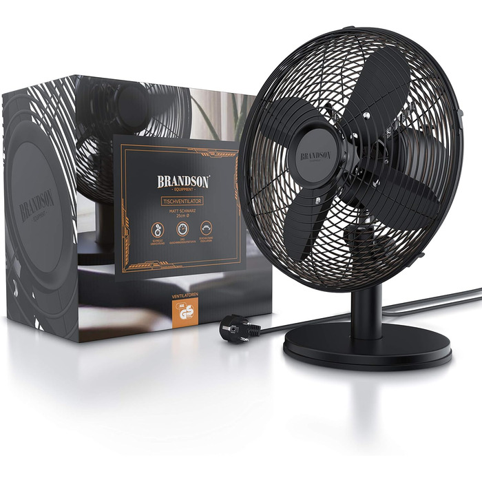 Настільний вентилятор Brandson з мідним дизайном: 3 швидкості, осциляція 80°, кут нахилу 40°, міцний металевий корпус (чорний матовий)