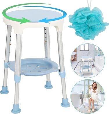 Ansobea Shower Stool for Seniors, Bath Stool, 7-Level Height Adjustable, 41-56 cm, Shower Chair with U-Shaped Hygiene Cutout, Bathroom Stool, Stable for the Shower (Type 2 - with Shower Ball)