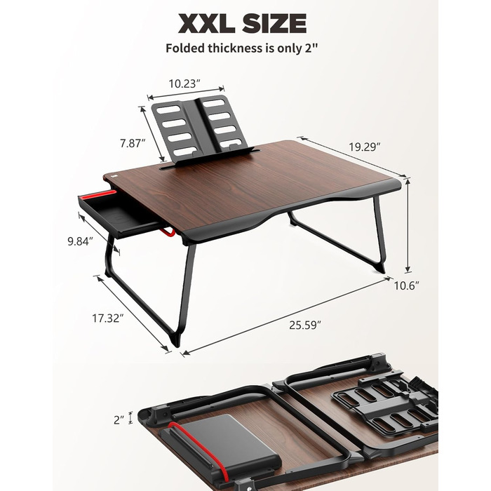 SAIJI Стіл-таблетка для ноутбука XXL, розкладний, для підлоги, дивану, їжі, роботи, ігор, навчання з ящиком, підставка для книг, підставка для планшета/телефону (65*49*30 см, світло-чорний)