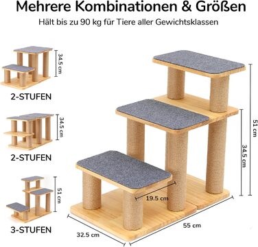 Сходинки для собак FUKUMARU, 3 сходинки, з натурального дерева та джуту, регульована висота 18-51 см, вантажопідйомність до 90 кг, знімний м'який килимок, 6 варіантів комбінації кольорів, підходить для котів та собак