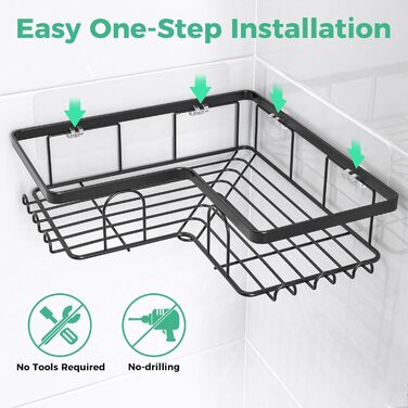 Дзеркальна поличка для душу без свердління, 2 шт. Органайзер для ванної кімнати з 8 гачками, швидковисихаюча поличка для душу, велика місткість, міцна підставка для шампуню (Чорний). 2 шт. Дзеркальна поличка для душу прямокутна (3 шт. куткова поличка для 