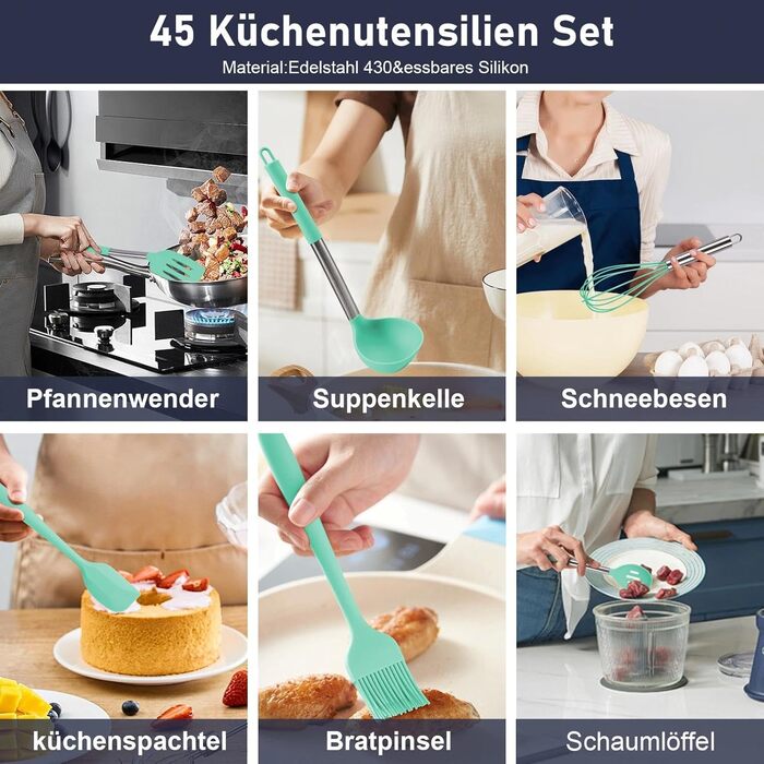 Набір кухонних помічників 45 предметів: силіконове кухонне приладдя, тримач, вінчик з нержавіючої сталі, половник, лопатка, придатне для миття в посудомийній машині, колір блакитний