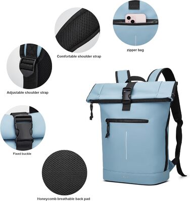 Водонепроникний рюкзак YTL Rolltop з відділенням для ноутбука 17 дюймів, великий рюкзак для жінок та чоловіків, для подорожей, школи, університету, велосипеда (Світло-блакитний)